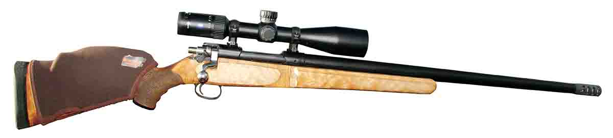Patrick’s 6.5-06 rifle is a hefty, custom-made number, likely built for long-range bench work. It was built on a Remington Model 30 action with a heavy, 24-inch E.R. Shaw barrel.